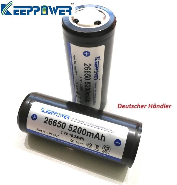 Keeppower 26650 - 5200mAh, 3,6V - 3,7V, 10A Li-ion Akku PCB geschützt